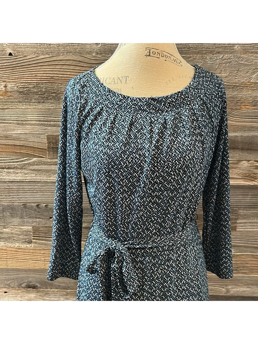 Lands End Blue Patterned Midi Tie Waist 3/4 Length Sleeve Dress Size XS 2-4 - Picture 2 of 9
